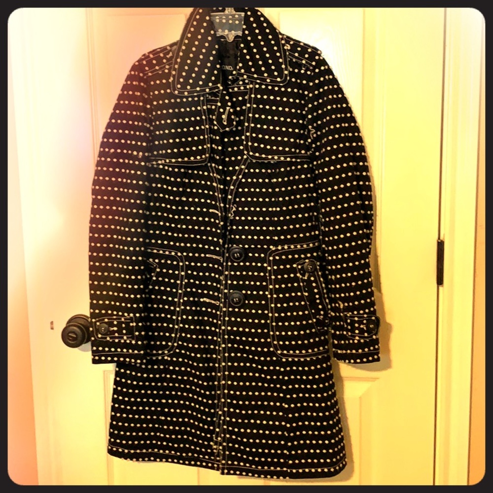 Black and white polka dot pea coat